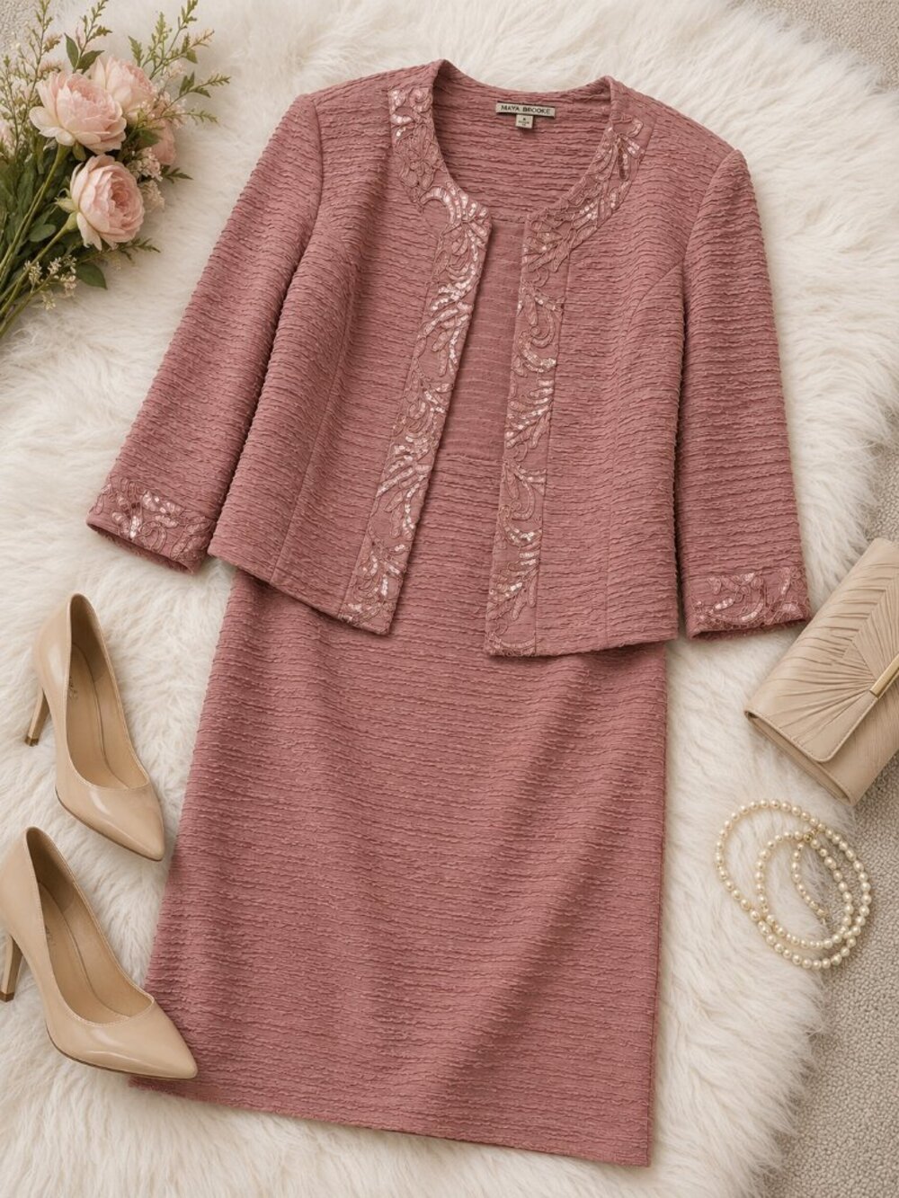 Maya Brooke Dusty Rose Dress & Jacket Set Size 8